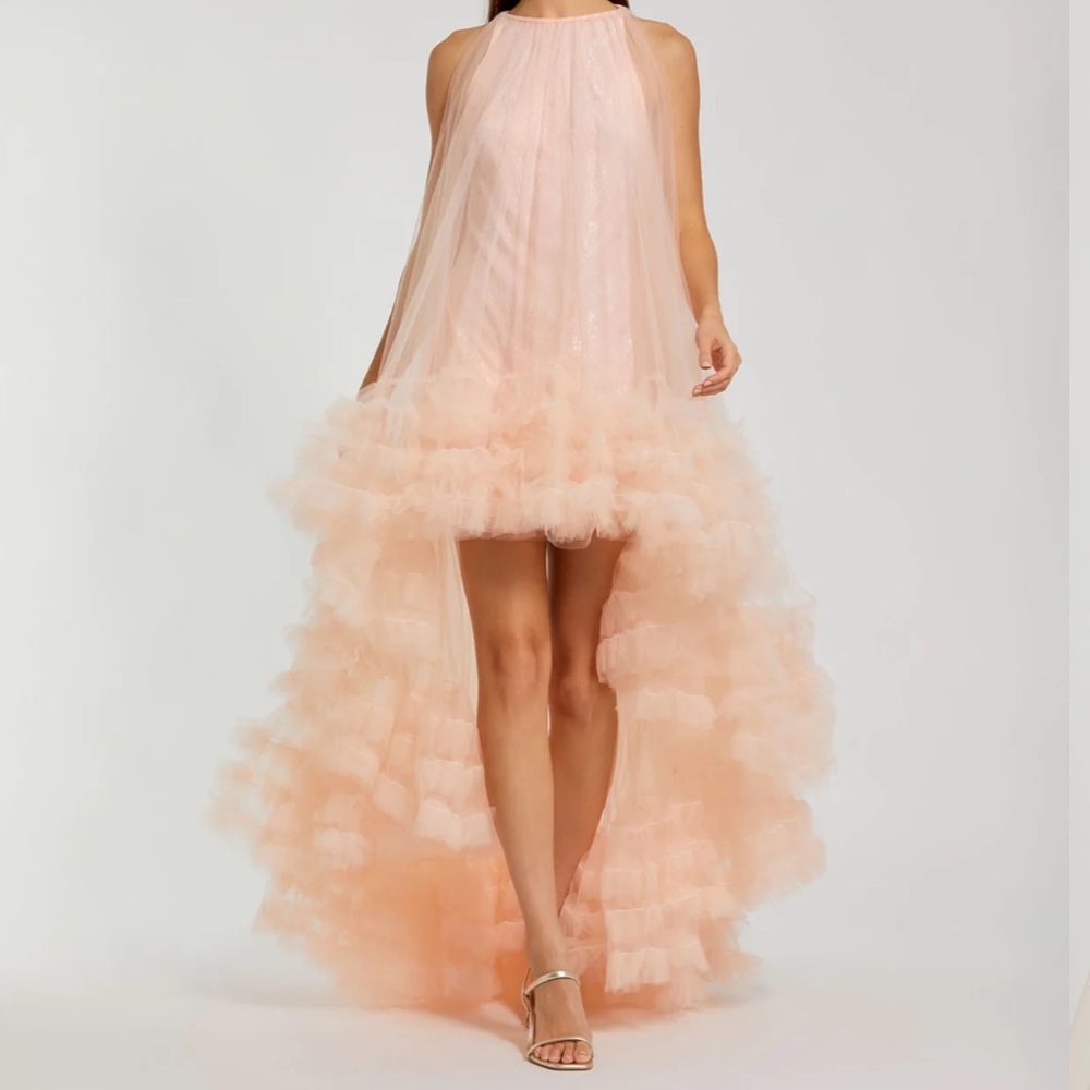 Pink Tulle High Neck Sleeveless Ruffled Hem Hi-Low Gown